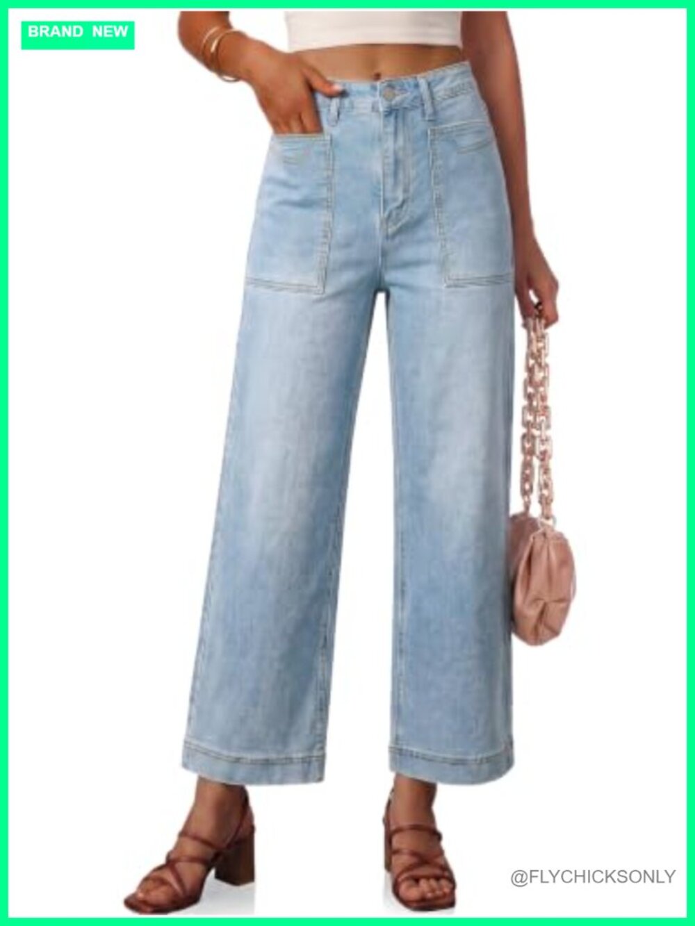 Wide Leg High Waisted Cropped Stretch Denim Jeans Casual